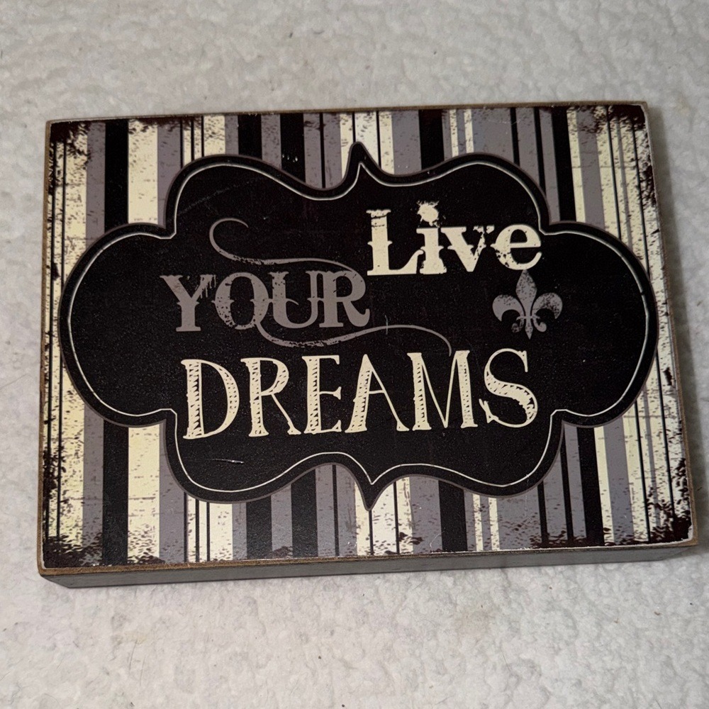 Youngs Inc Live Your Dreams Wooden Block Sign Fleur De Lis Stripe Wall Decor 8x6